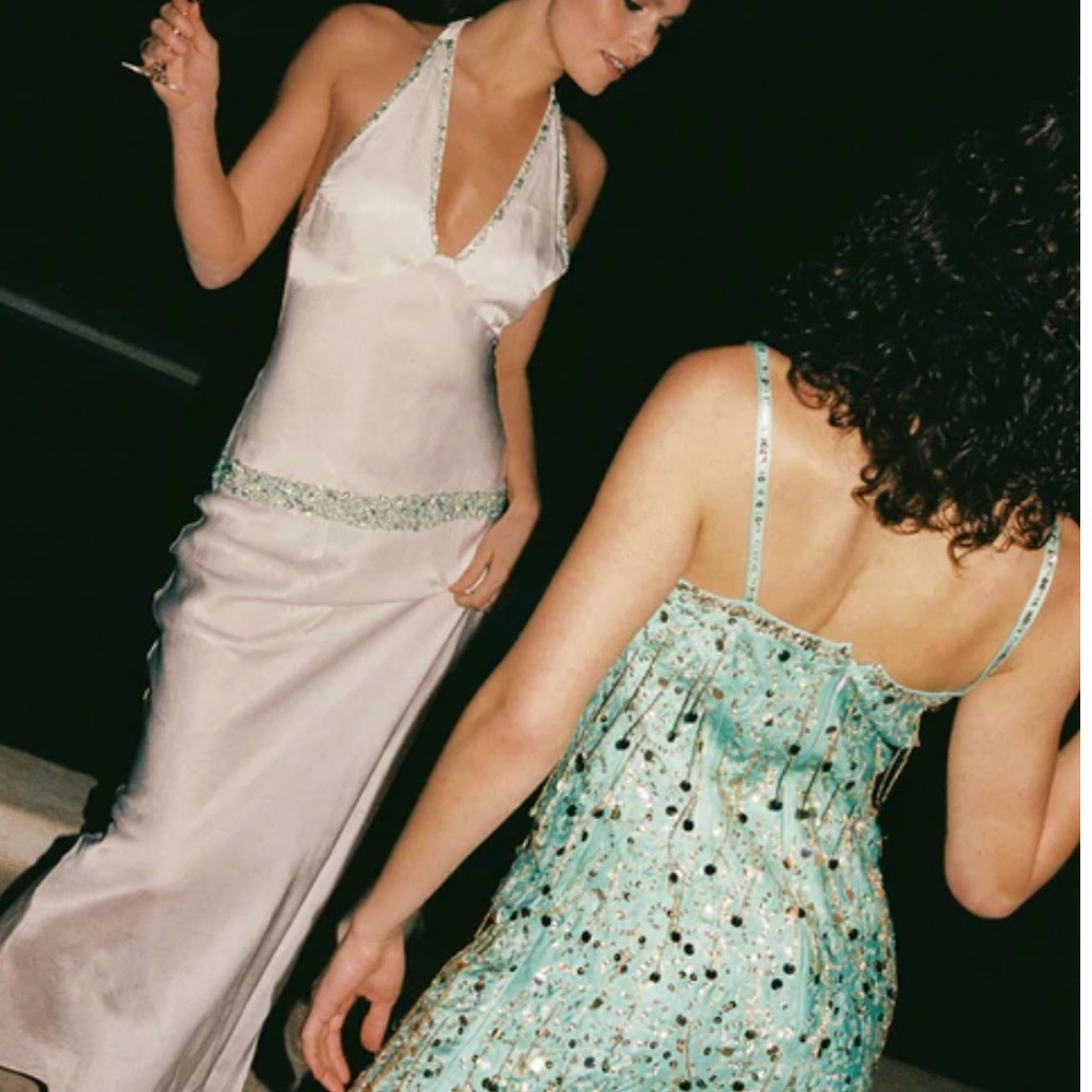 New w/ Tags Stunning Halter Satin Gown with Beaded Details